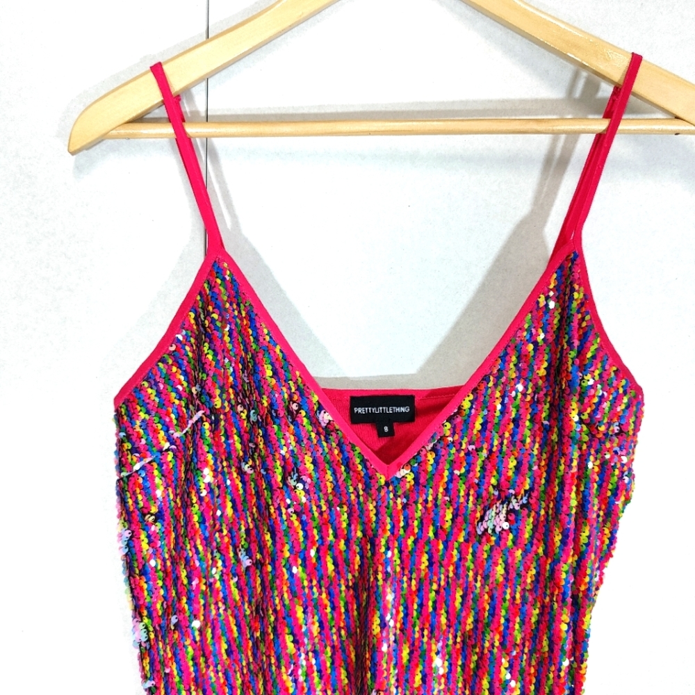 PLT Pretty Little Thing Rainbow Fully Sequin Dress Size UK 8 Pastel Pride Slip - Picture 3 of 9